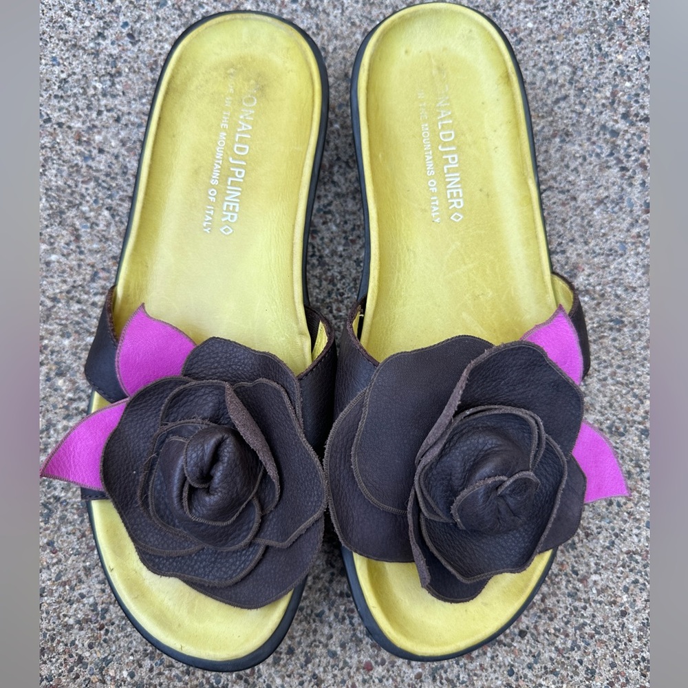 Donald Pliner Flower Sandal, chocolate, fuchsia with yellow insole. Size 8.5